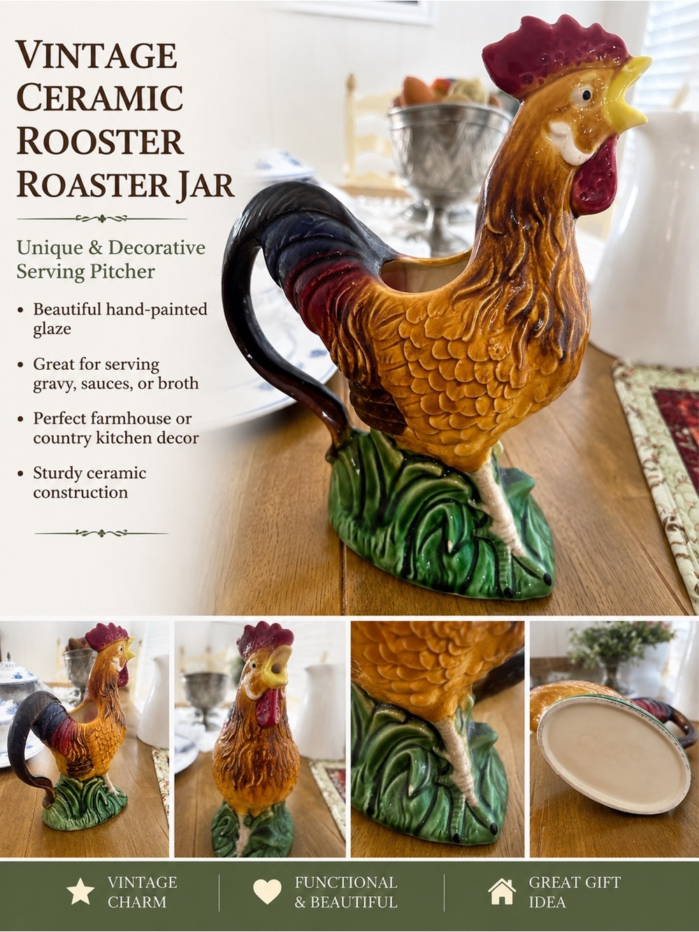 Vintage Ceramic Rooster Pitcher / Vase Farmhouse Country Decor